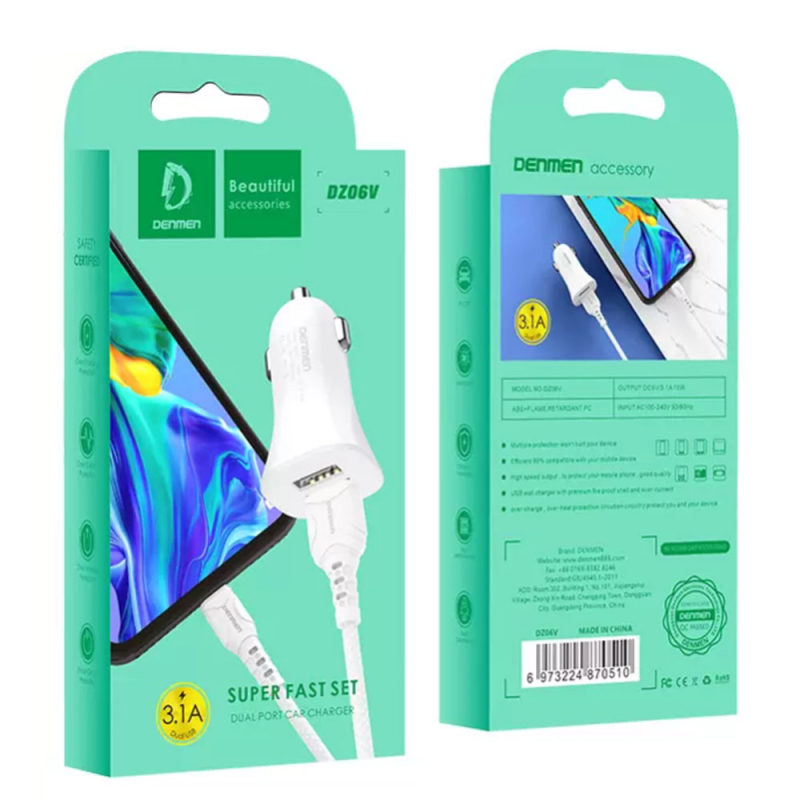 شارژر فندکی فست DENMEN DZ06V +کابل میکرو