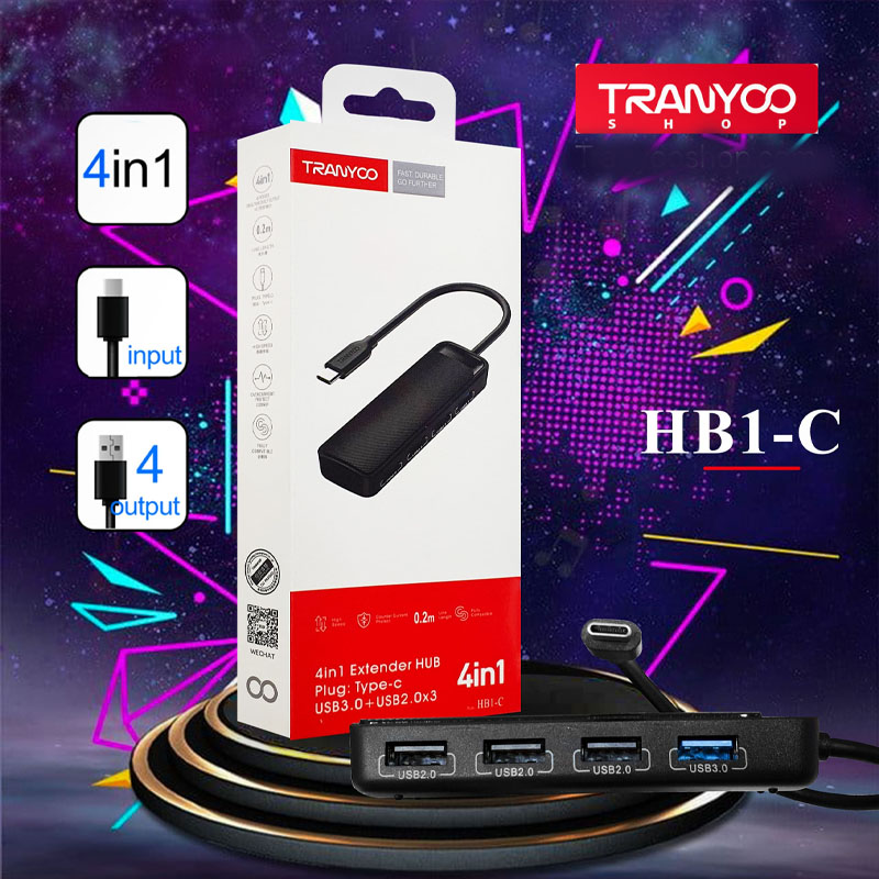 هاب 4 پورت ترانیو TRANYOO 4IN1 HB1-C TYPEC 3USB 2.0 + 1USB 3.0