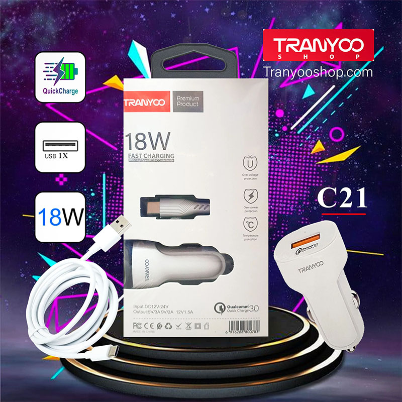 شارژر فندکی ترانیو TRANYOO T-C21 18W + کابل TYPE C