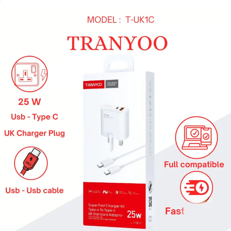 شارژر دیواری ترانیو TRANYOO T-UK1C 25W + کابل TYPE C
