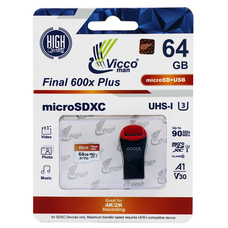 رم میکرو ۶۴ گیگ ویکو Vicco Final 600x Plus A1 V30 U3 C10 90MB/s + رم ریدر