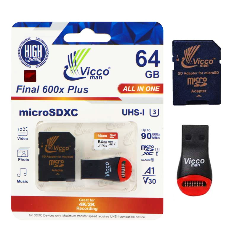 رم میکرو ۶۴ گیگ ویکو Vicco Final All In One U3 A1 90MB/s + رم ریدر